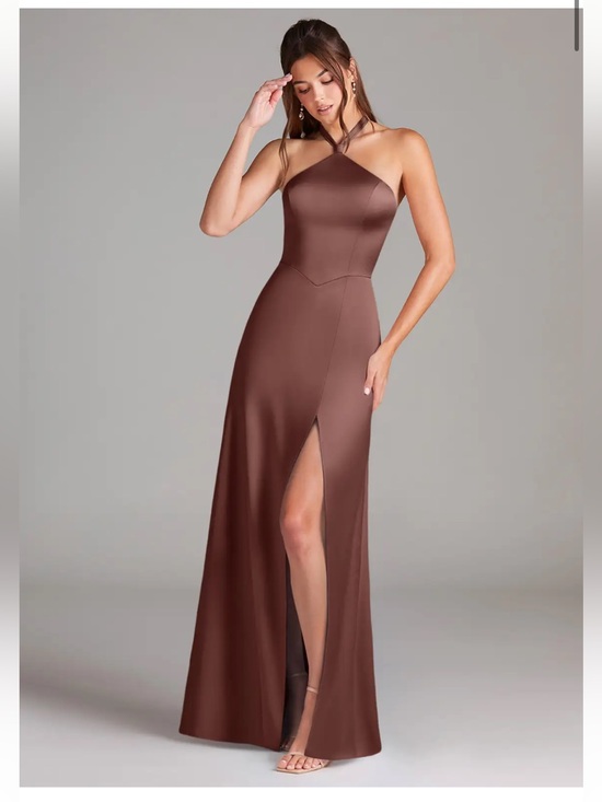Azazie Dresses & Skirts - Azazie Espresso Sheath Side Slit Stretch Satin Dress